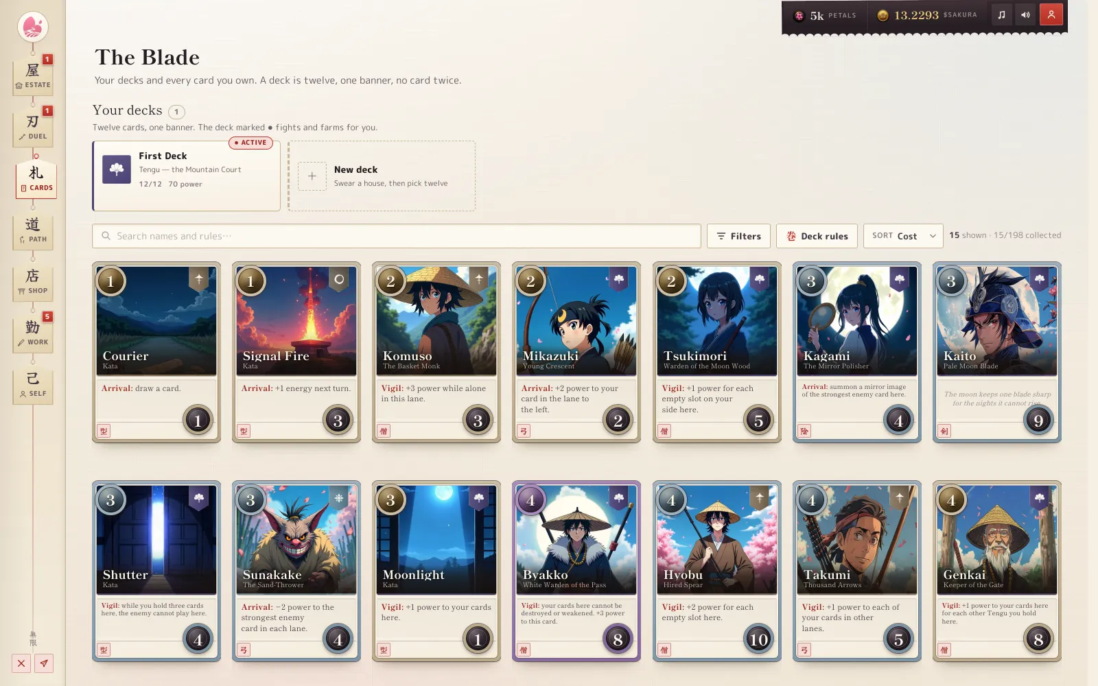 The collection screen: a rack of decks above, and below it every card owned, sorted by cost with its rules printed on the face.